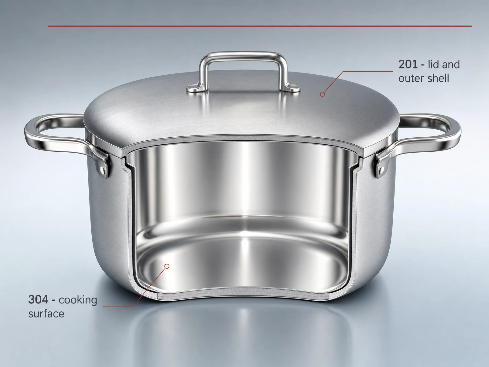Cross-section diagram of a stainless steel pot: 304 steel for the cooking surface, 201 steel for the lid and outer shell