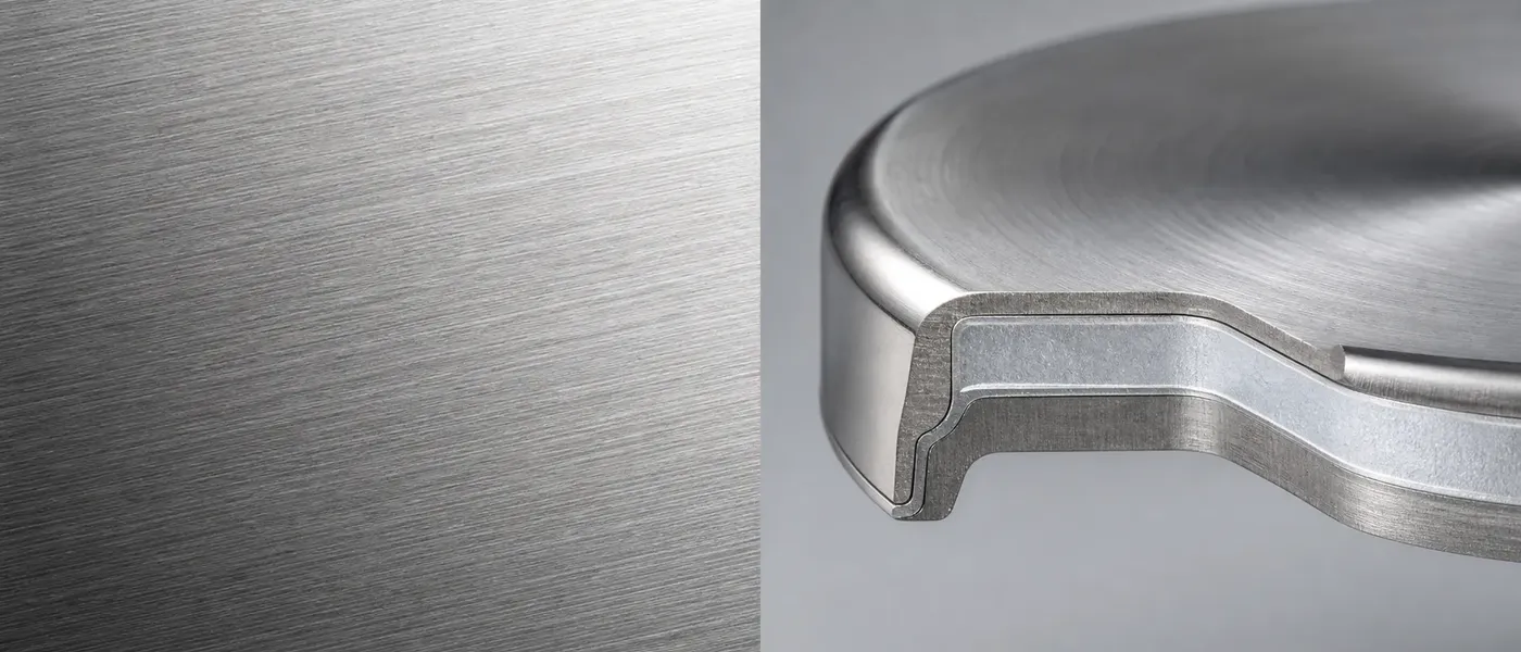 Brushed food-grade stainless steel surface beside a cross-section of a three-layer impact-bonded composite base