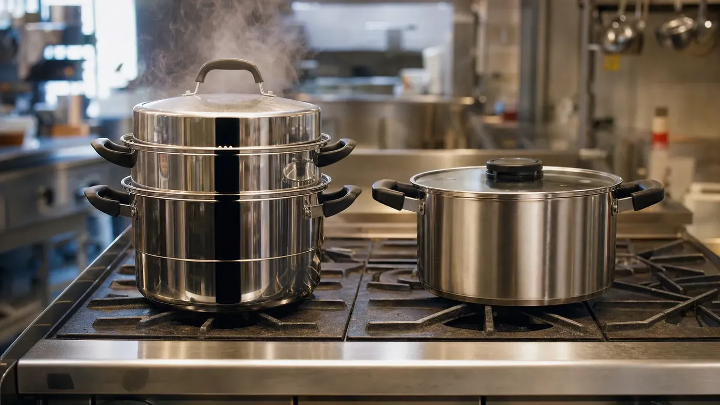 A stainless steel stockpot and steamer on a commercial cooktop