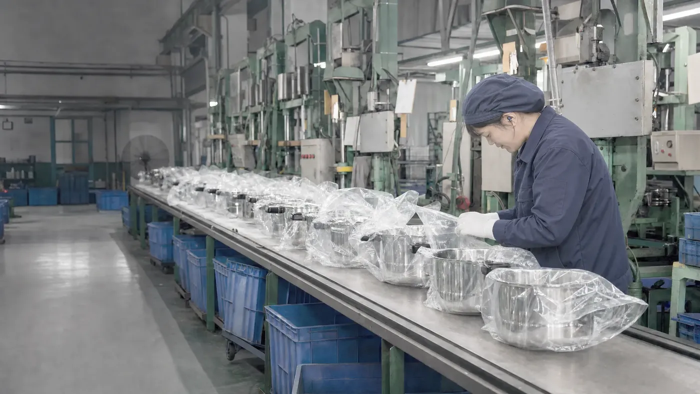 A worker bagging finished stainless steel pots on the packing line before shipment