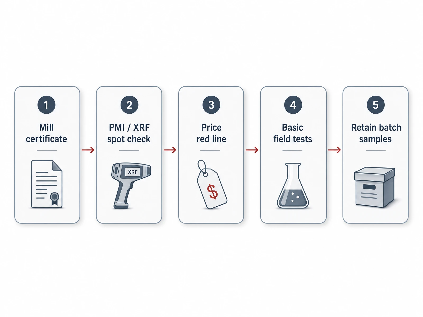 Five-step incoming inspection flow for stainless steel cookware: mill certificate, PMI spot check, price check, field tests, batch samples